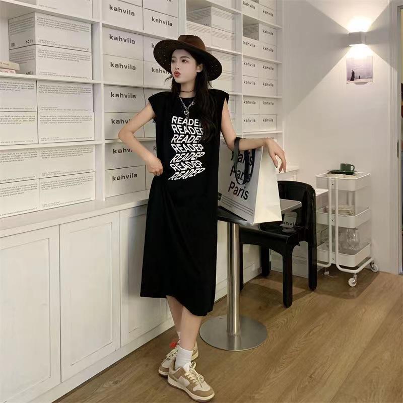 Women's Round Neck Sleeveless Midi Dress Slim Mid Waist Commute Letter Print Tank Tunic Dress
