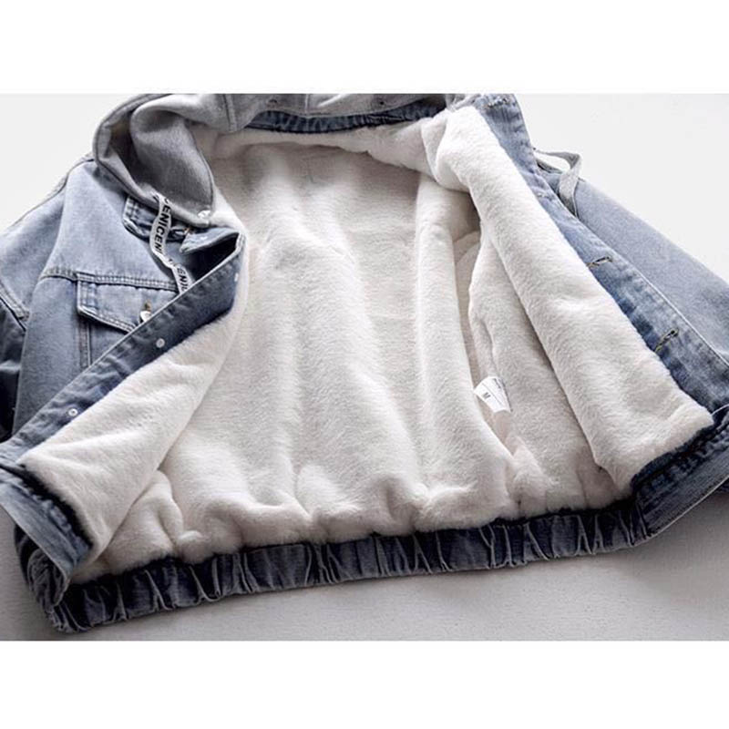 Hooded Denim Jacket Women's Loose Casual Cotton Clothes Plush Insulation Warm Detachable Top Autumn and Winter