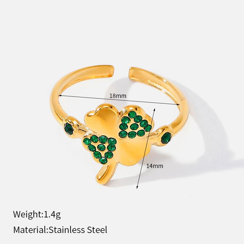Stainless Steel Four-leaf Clover Open Ring Women's Gold-plated Diamond-set Light Luxury Niche Design Fashion Ring Zircon Jewelry