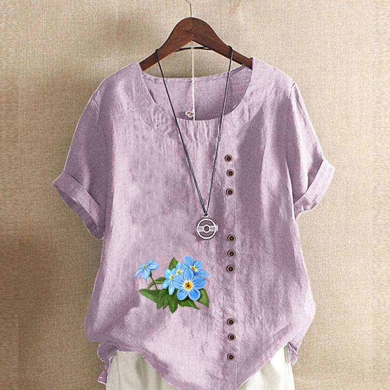 Women's Fashion Flower Prined Short Sleeve T-shirt Loose Cotton Shirt Casual Loose Summer Blouse Tops