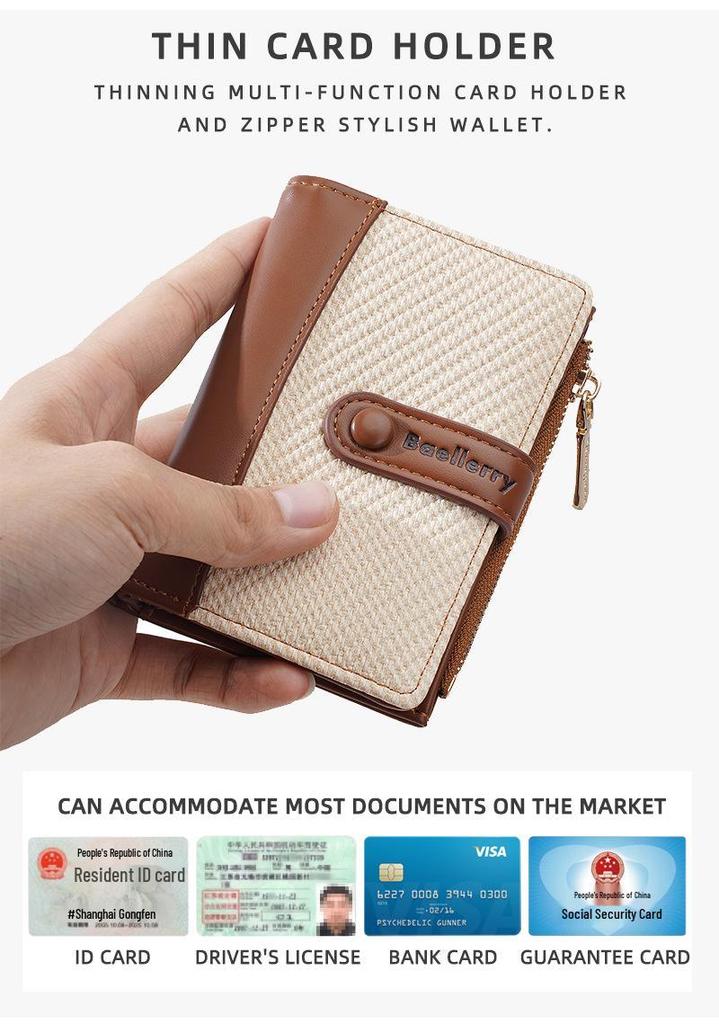 Korean Style Women's Short Wallet with Color Block, Multiple Card Slots, Money Clip, Zipper Coin Purse
