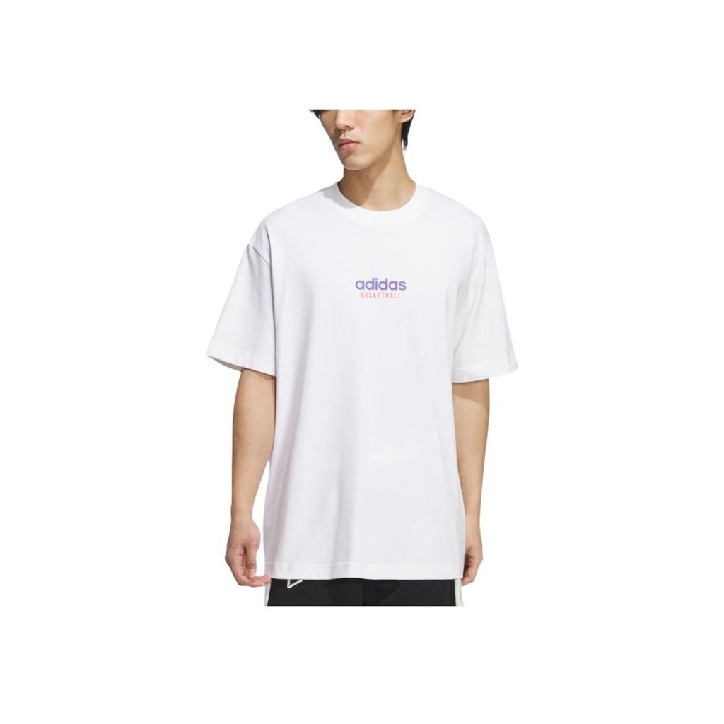 adidas Graphic Play Basketball Letter Print Sport Round Neck Short Sleeve Drop Shoulder T-Shirt Men Tops White JD6402