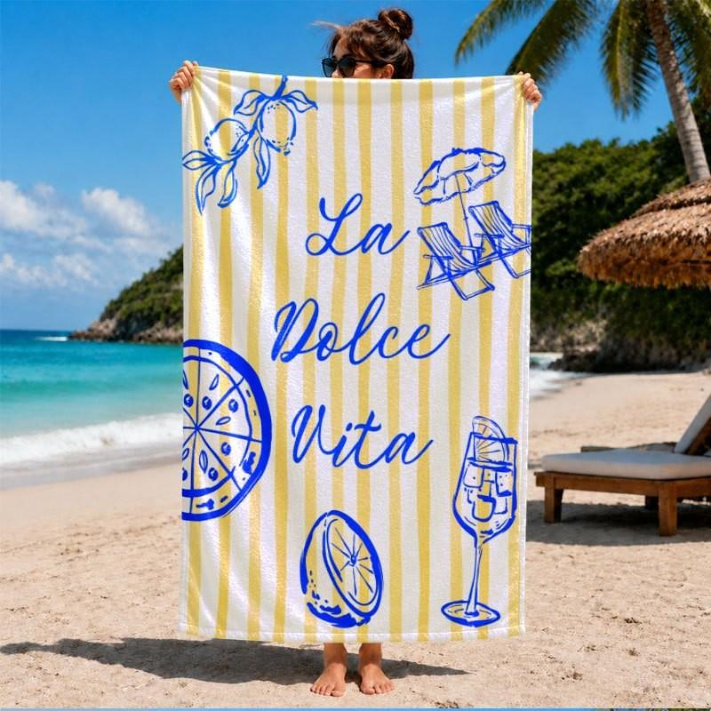 Sketch Italian Summer Style Yellow White Stripe Line Art Lemon Cocktail La Dolce Vita Print Quick Dry Beach Towel