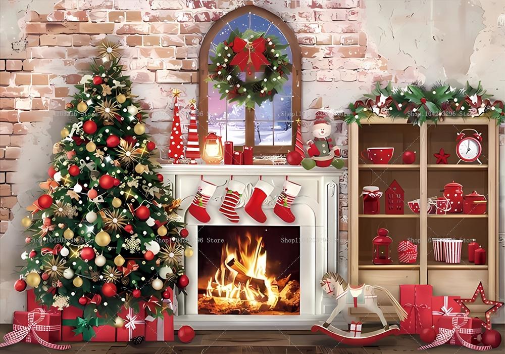 Winter Window Christmas Backdrop Fireplace Xmas Tree Gifts Teddy Bear Navidad Party Decor Kids Portrait Photography Background