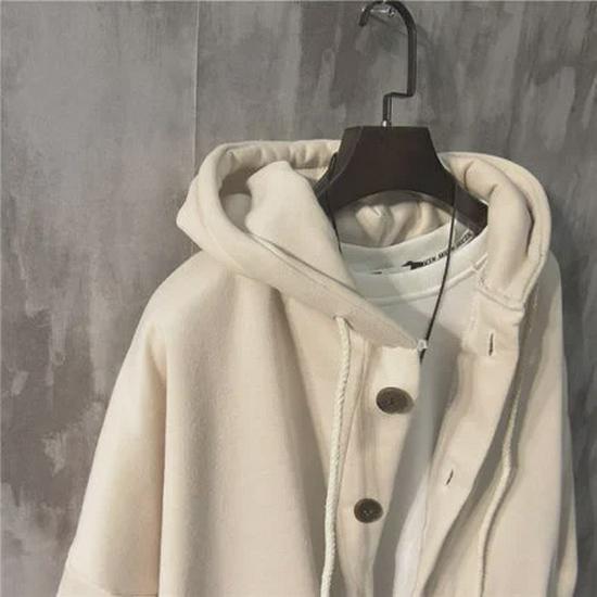 Men's Korean Style Hooded Jacket: Autumn/Winter Loose-Fit, Pocket Label Design, Trendy Button Cardigan Sweatshirt.