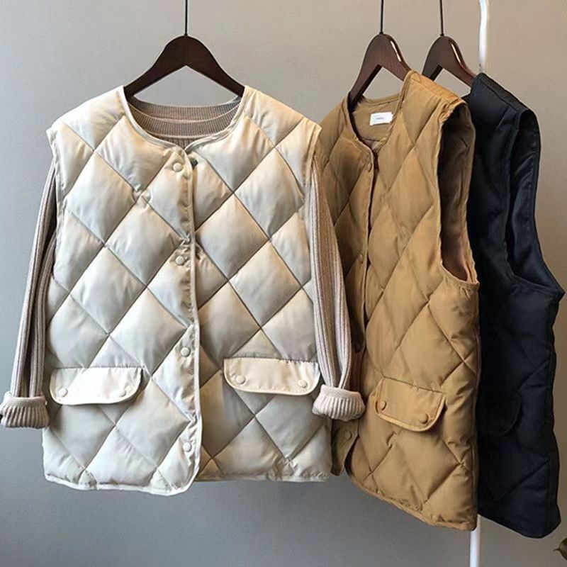 Autumn and Winter Cotton Jacket Women's Short Vest Diamond Grid Cotton Jacket Wear A Korean Style Versatile Vest with A Vest and Shoulder Over A Coat