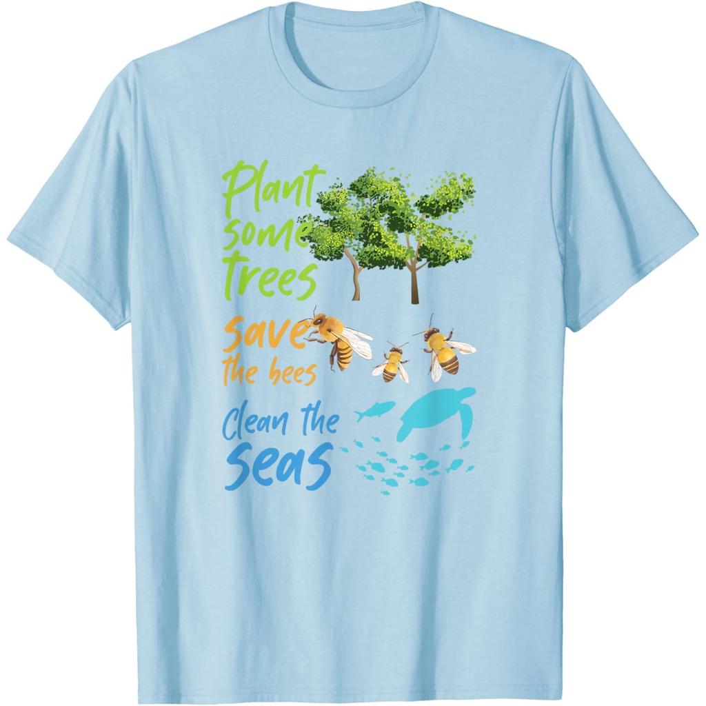 Plant Trees Save Bees Clean Seas Turtle Graphic Cotton T-Shirt Casual Crewneck Tee
