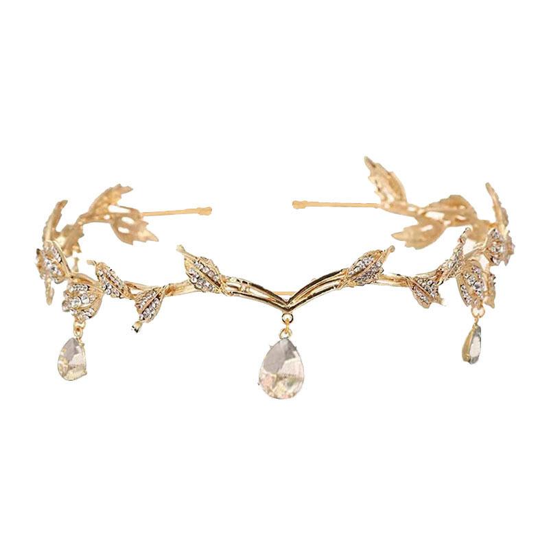 Korean Style Bridal Crown Leaf Water Drop Alloy Eyebrow Pendant Crown Baroque Princess Headband Retro Rhinestone Hair Accessories