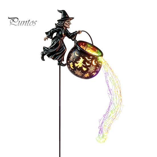 Halloween Garden Decorations Witch Cauldron Yard Light, Flying Silhouette Stake with Colorful Glowing Art for LED, Spooky Outdoor Decorative