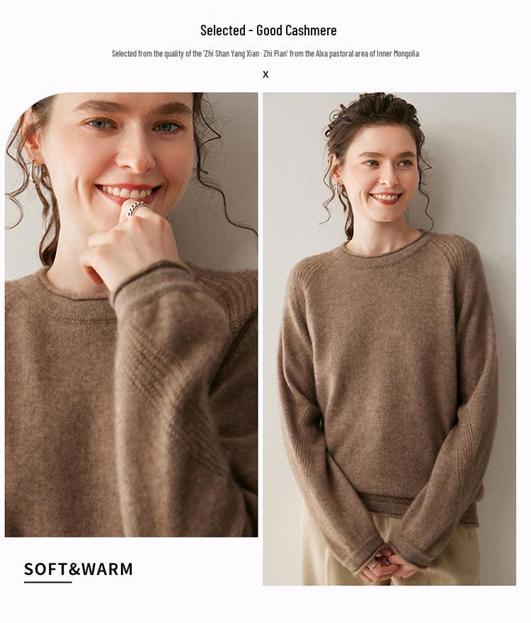 2025 Cashmere Round Neck Raglan Sweater: Loose, Slimming, Thick Knit Pullover for Women