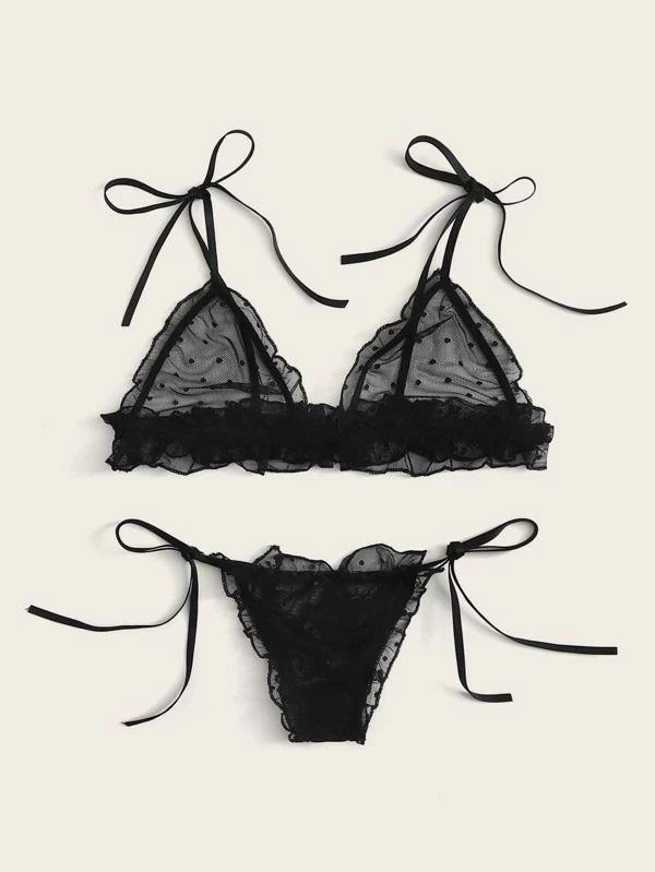 European and American Mesh See-Through Sexy Lingerie Set - Three Pieces