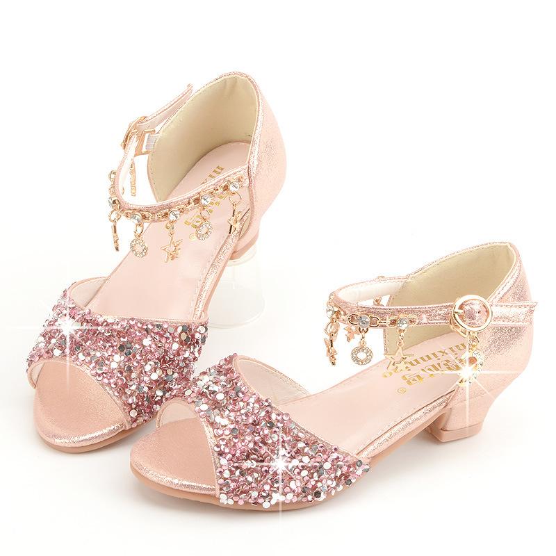 

Summer new Korean-style girls high-heeled shoes for students, middle and older children, and toddlers, fish-toe sandals silver sequin performance 38Code/23.5cm рожевий