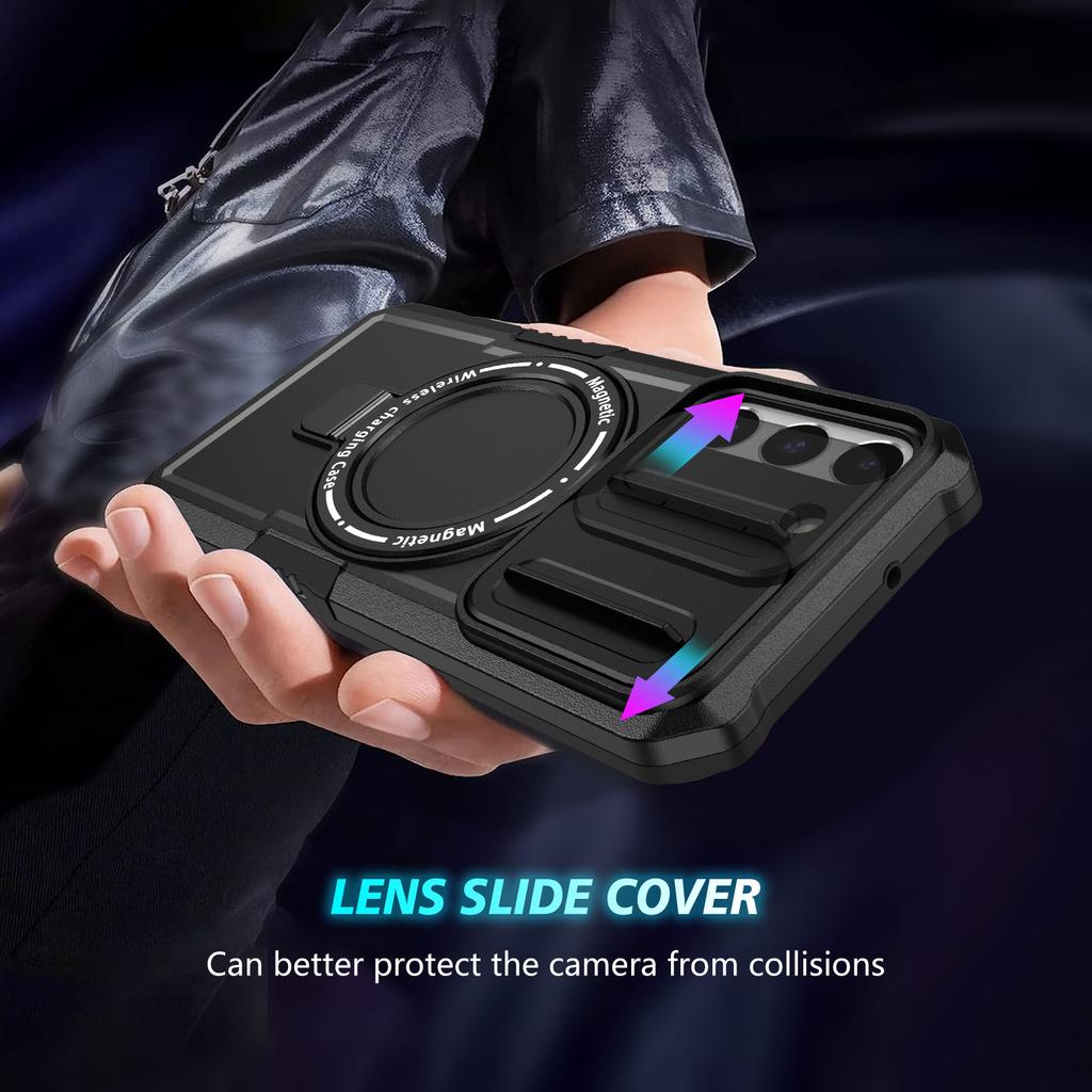 For Samsung Galaxy S22+ 5G Kickstand Case PC+TPU Magnetic Phone Shell with Lens Cover