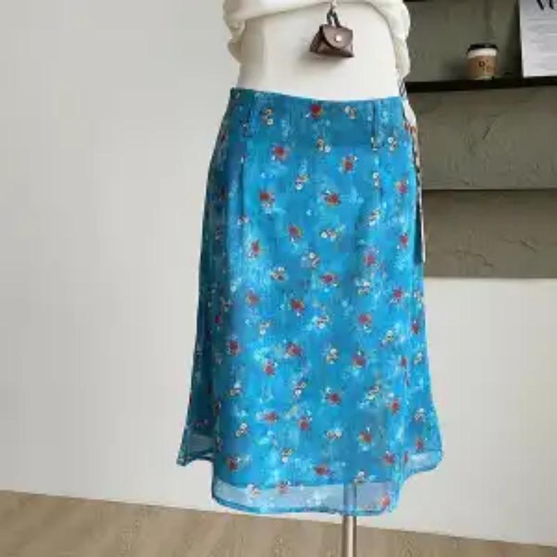

Женская летняя шифоновая юбка миди А-силуэта с цветочным принтом и высокой талией, повседневная S синий