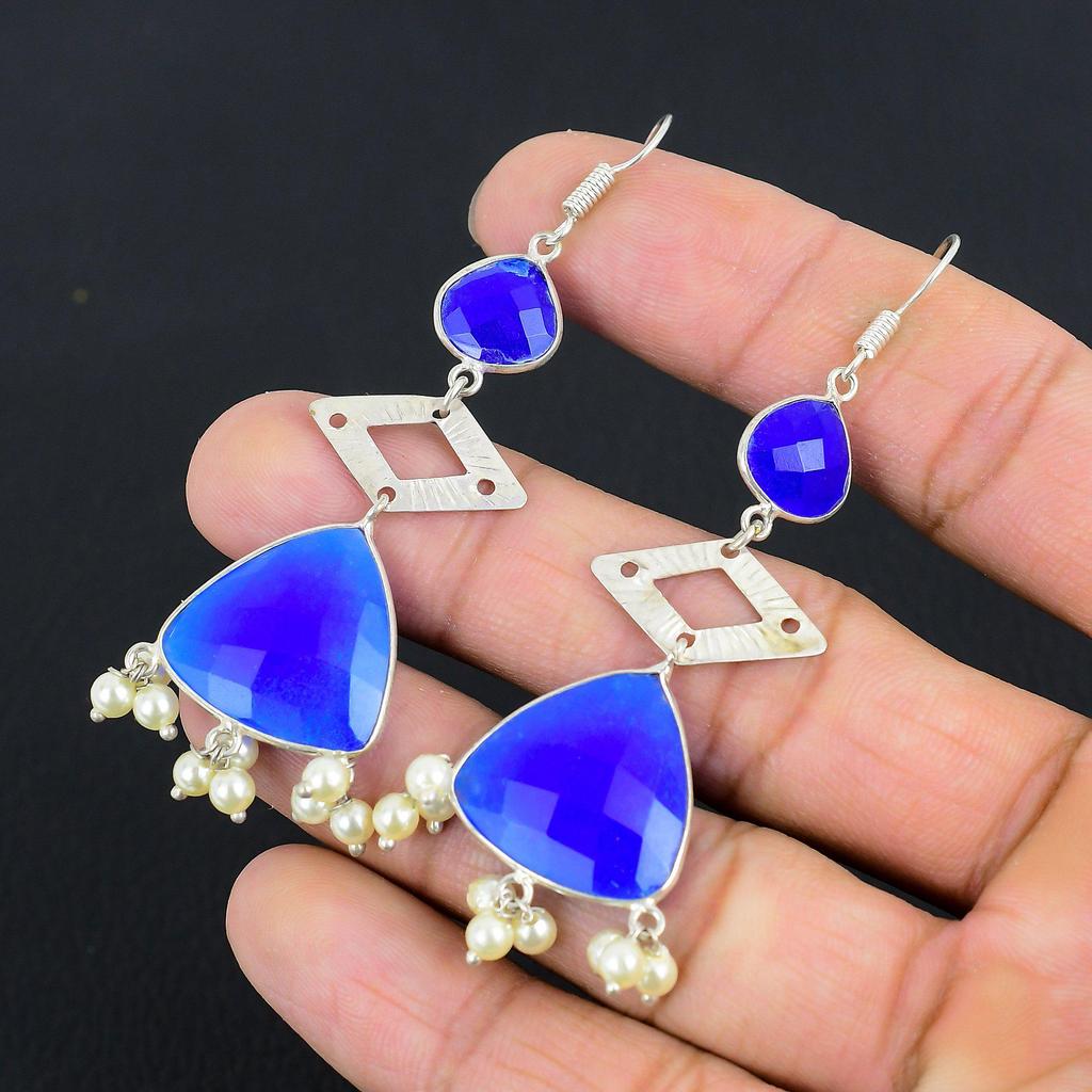 Daughters Day Sale Blue Sapphire Stone Dangle Handcrafted Earrings 925 Silver