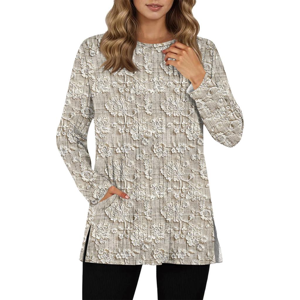 Womens Sweaters Crewneck Long Sleeve Shirts With Pockets Fall Outfits  Fashion Winter Clothing Side Slit