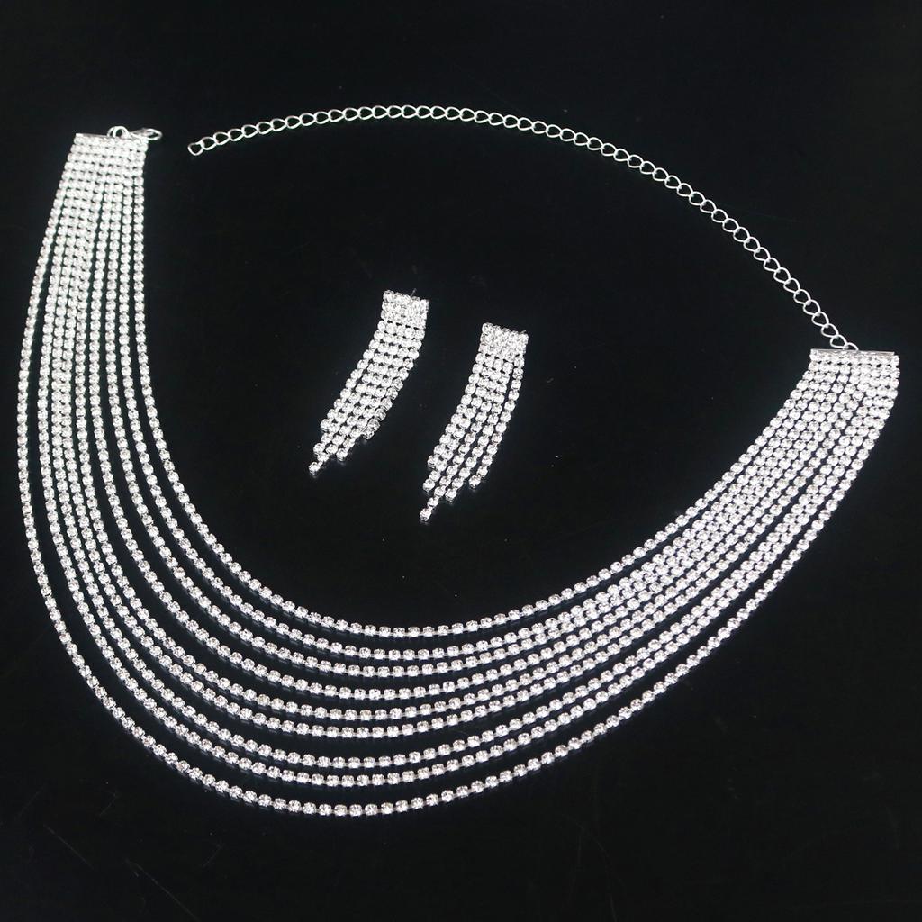 European And American Exaggerated Multi-Layer Fringed Rhinestone Necklace Jewelry Set, Bridal Women'S Dress Full Of Diamond Accessories