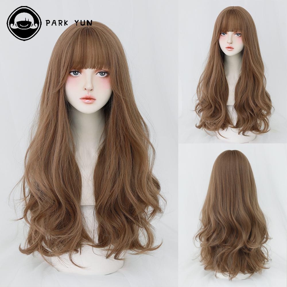 Lange Lockige Haare Damen Perücke mit Pony Täglich Braun Schwarz Rosa Lolita Cosplay Geflochtene Perücken Hitzebeständige Faser Party Kunsthaar