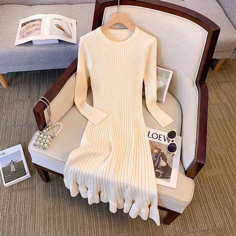 Plus Size Women's Slimming Knit Dress - Over-the-Knee French Style for Autumn/Winter, Perfect Base Layer or Coat Companion.