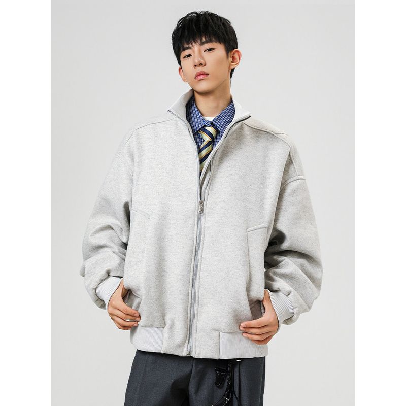 Wassup American-Style Heavy-Duty Stand-Up Collar Jacket for Men, Autumn and Winter, High-End Cleanfit, Lazy Style, Gray Top