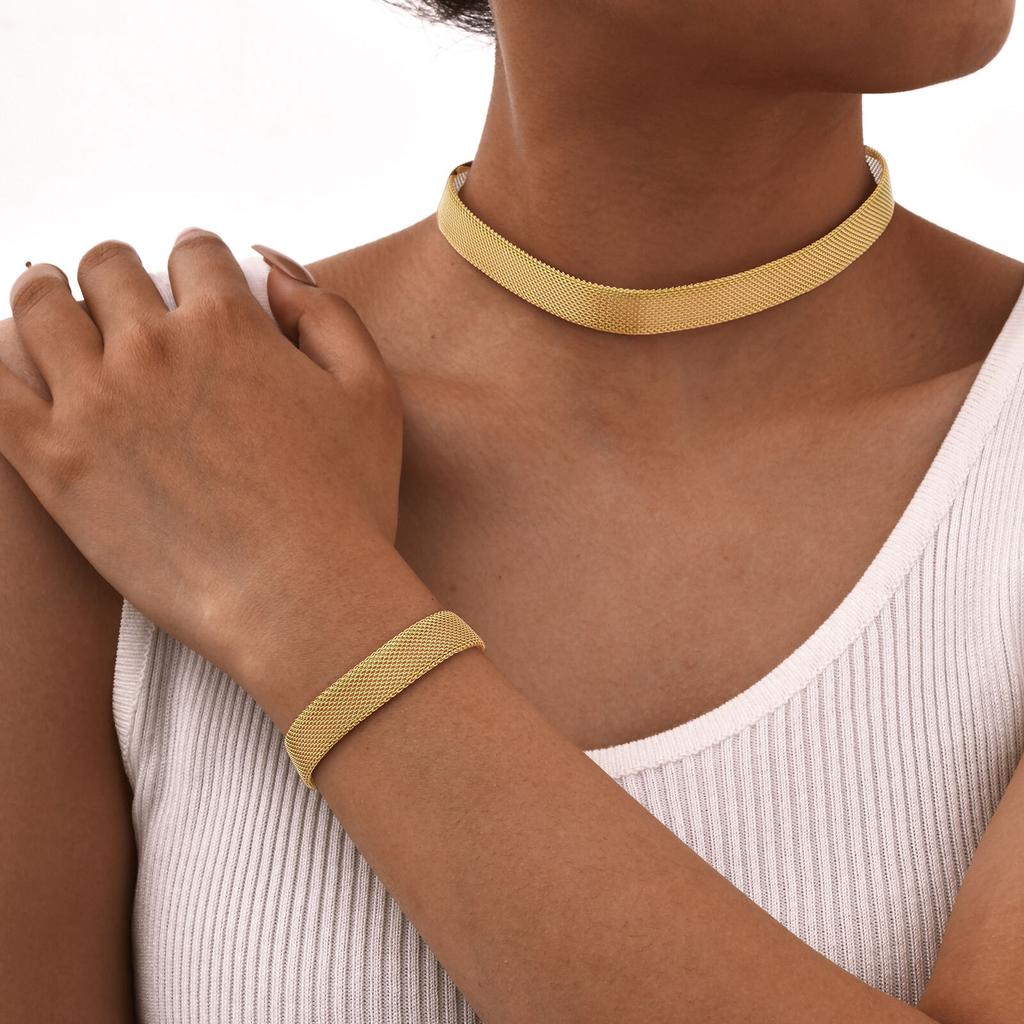 Vnox 12.5mm/6mm Wide Stainless Steel Mesh Chain Bracelet Necklace For Women,Gold Plated Link Oval Tail Fashion Jewelry Set