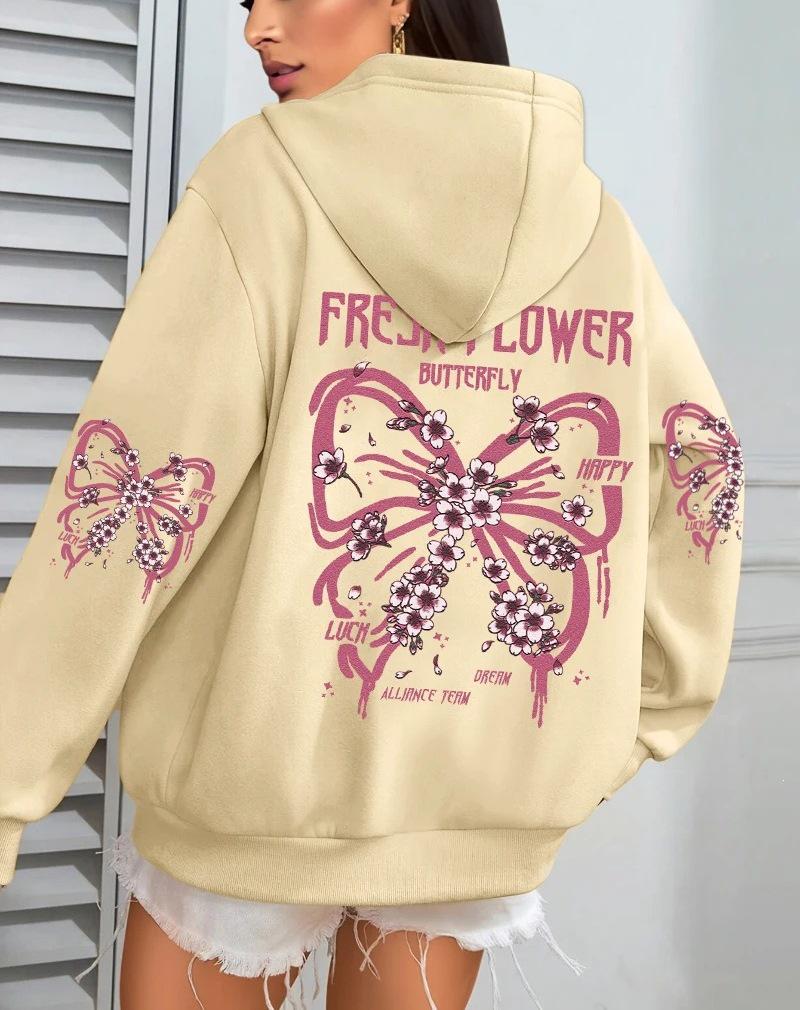 Fresh Butterfly Print Women's Hooded Sweatshirt - Autumn Loose Casual Fleece Pullover with Pockets.