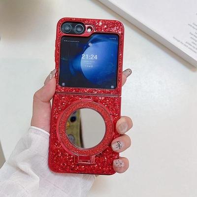 Luxury Bling Make Up Mirror Case Magnetic Magsafe Cases for For Samsung Z Flip 6 5 4 3 Wireless Charging Stand Cover