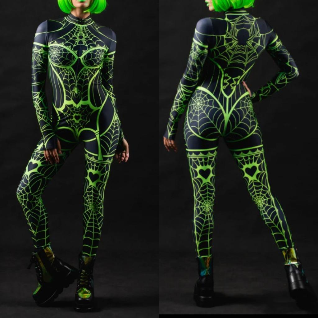 Unisex Cyber Punk Spider Web 3D Digital Printing Halloween Cosplay Costume Women Men Carnival Jumpsuit Party Role Play Outfit