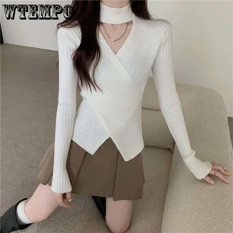 Černý Tenký Slim Halter Dutý svetr Dámské Pletený svetr s dlouhým rukávem Jednobarevné Sexy Ležérní Top Jarní Podzim tílko