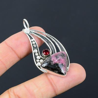 925 Silver Trillion Rhodonite Gemstone Mozambique Garnet Unique Pendant Jewelry