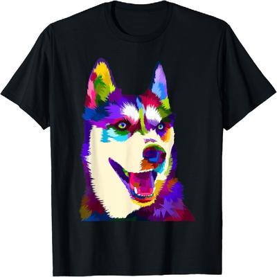 Kleurrijk pop-art portret van een husky voor hondeneigenaren. Chukcha Siber T-shirt voor mannen, vrouwen, meisjes en kinderen.
