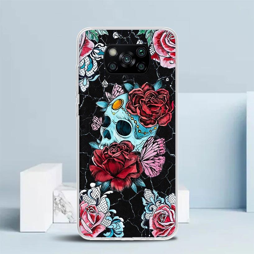 Human Skeleton Red Rose Phone Case For Xiaomi Poco F7 Ultra X5 X6 X7 Pro M7 Redmi 15C 15 13C 13 12C 12 10C 10 10A 9 9C 9A 9T Cov
