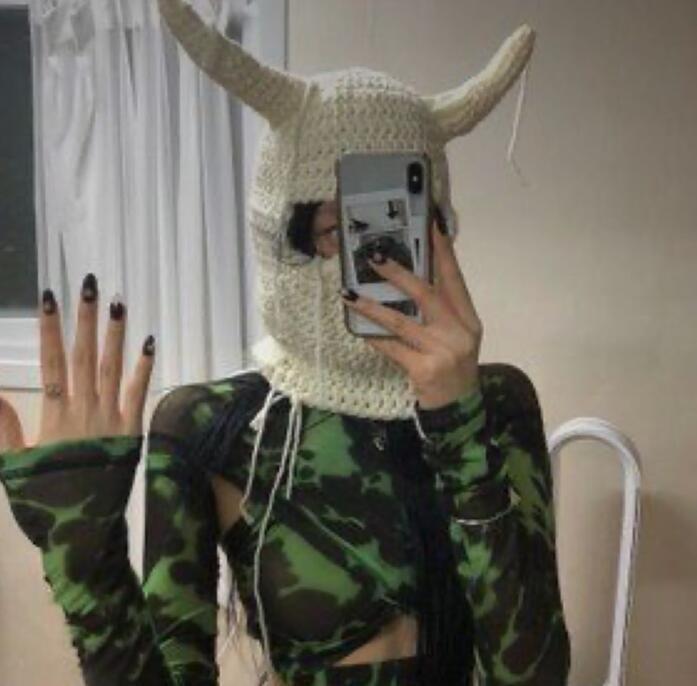 Y2K Style Crochet Halloween Party Cow Horn Parent-Child Ski Mask Hat