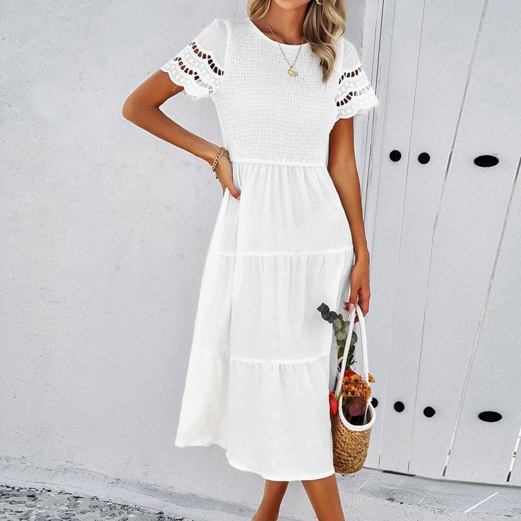 Vestido Feminino da Moda de Cor Sólida, Gola Redonda, Manga Curta, Solto