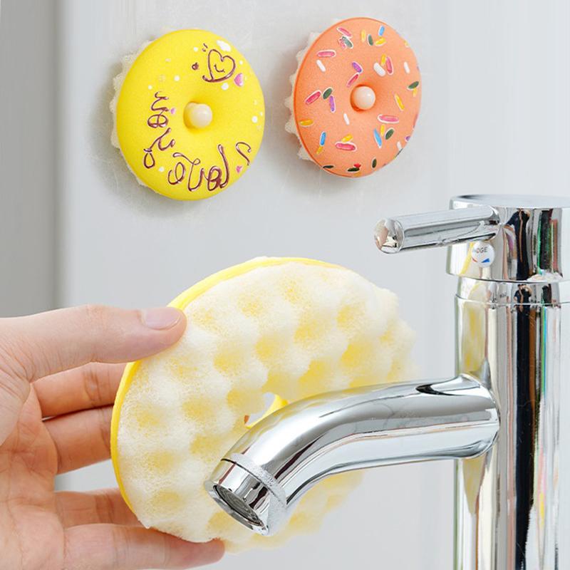 Dish Sponge With Suction Cup Non-Scratch Donut Sponge Set With Suction Cup Quick Drainage Dishwashing Brush For Kitchen