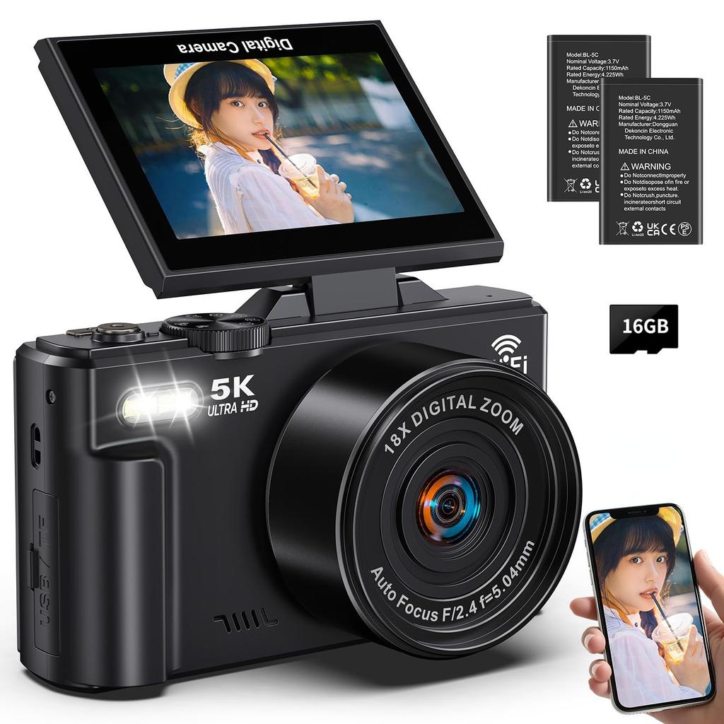 Beho Digital 5K Smartphone Rotating Large 18x Digital Continuous 16GB MicroSD Card Ideal for School Pocket Camera Camera, 75MP, Recording, Transfer,