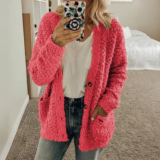 Damen Pullover Mantel Langarm Kragenlos Strickjacke mit Taschen Locker Geschnitten Uni