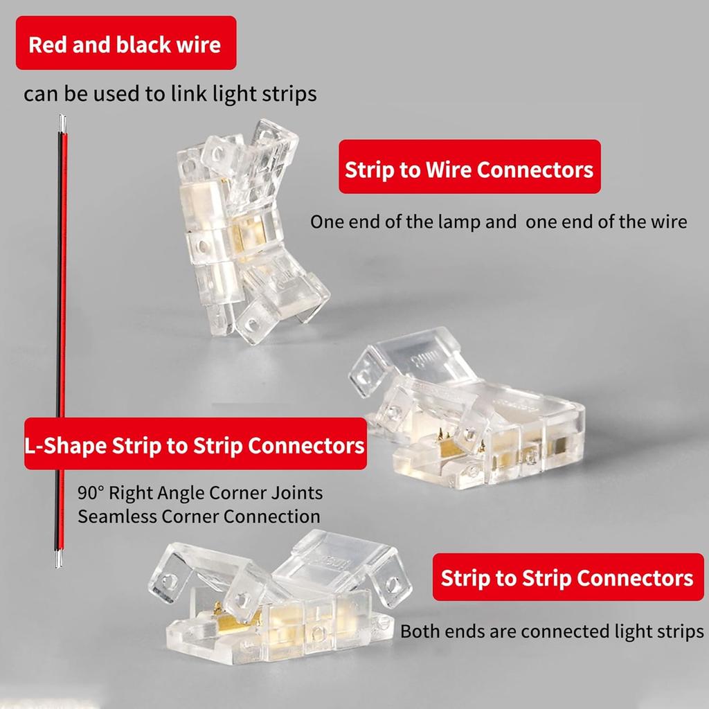 2Pin Transparent Solderless 8mm COB LED Strip Connector Corner Kit,Strip To Wire 4P,Strip To Strip 12P,L-Shape 2P,Red and Black Wire 4P,for 5V 12V