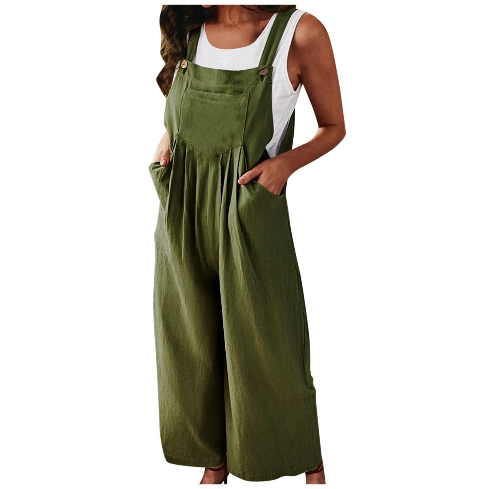 

(SU)Женский летний повседневный однотонный комбинезон без рукавов с широкими боковыми пуговицами и карманами на бретелях