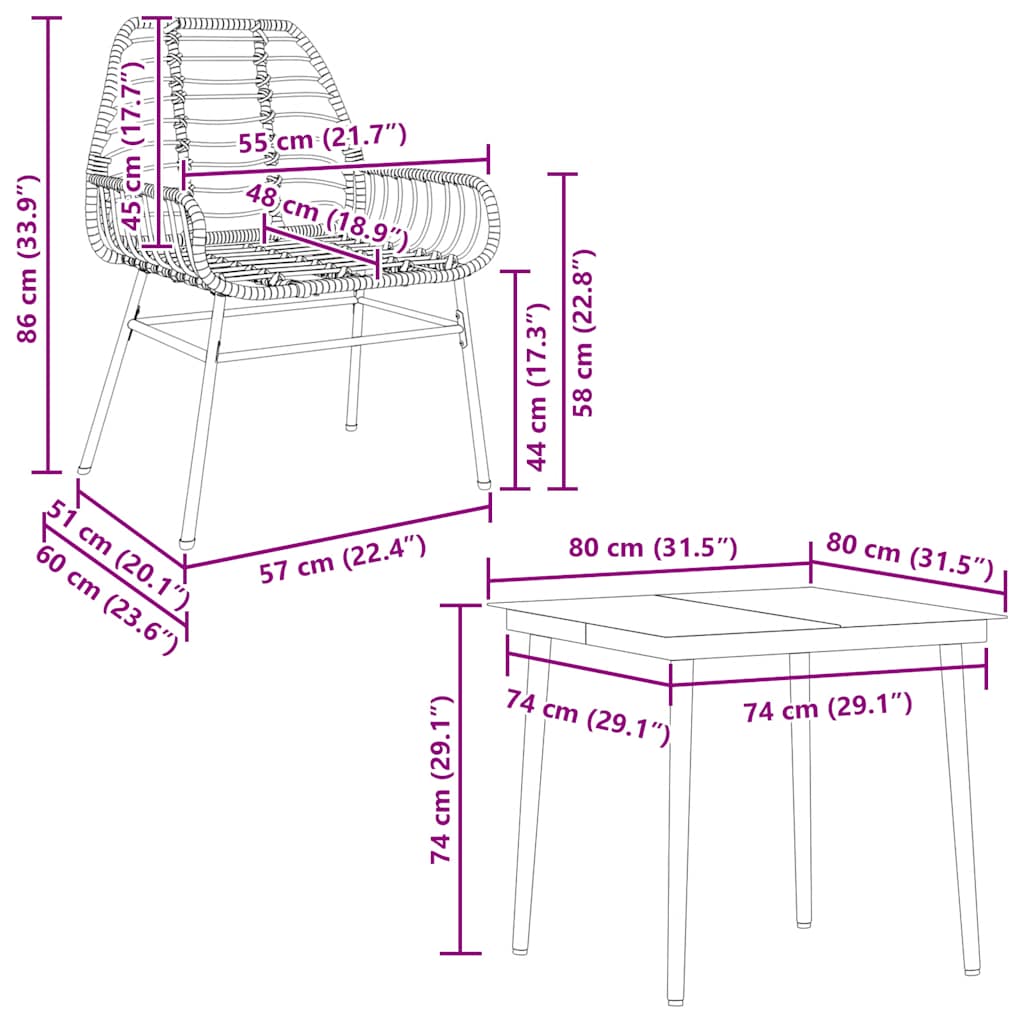 3 Piece Black Poly Rattan Outdoor Dining Set