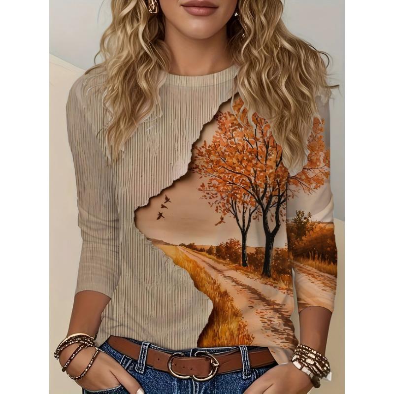 Artistic Landscape Painting Pattern, Slim Fit, Casual Round Neck, Long Sleeves, Everyday Creative Oil Painting Design Pattern.