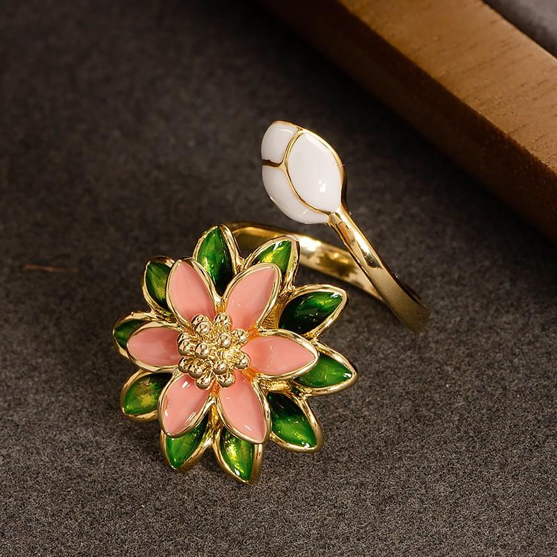 Adjustable Open Ring Women With Enamel Flower Design Zircon Accents Fashion OL Style Copper Jewelry