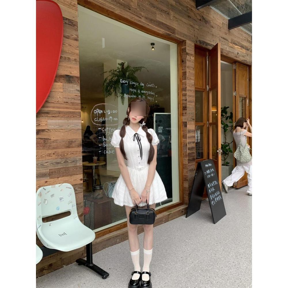 Preppy style white shirt dress temperament with a sweet and beautiful waist and short skirt women's new summer casual