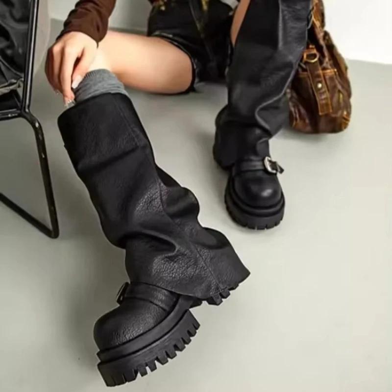 Women Knee High Snow Boots Platform High Heels Shoes 2025 Brand Chelsea Goth Boots Women Chunky Pumps Winter Leather Gladiator