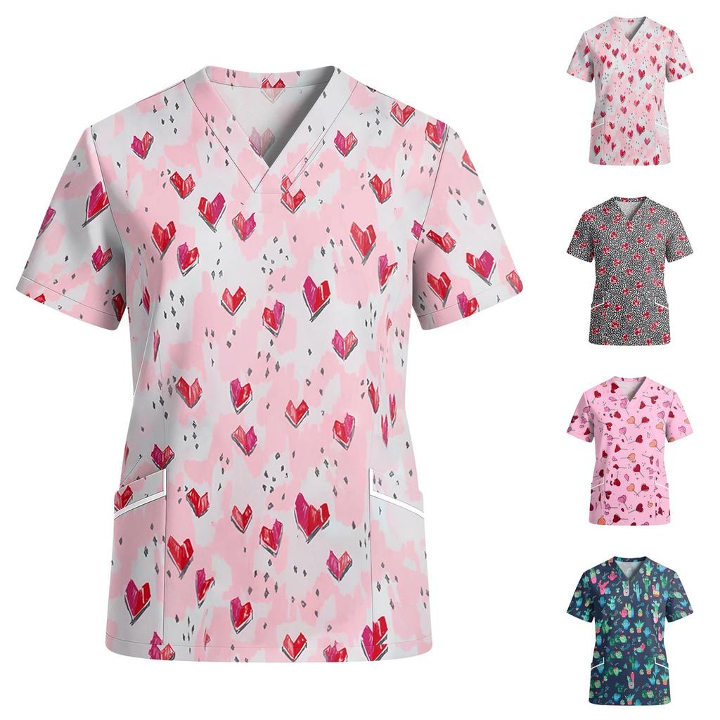 Women V Neck Short Sleeve Printed Scrub Top with Pockets for Work Uniforms Nursing Healthcare