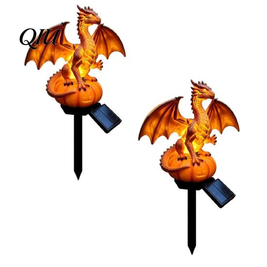 Seasonal Spooky Table Decoration Dragon Solar Garden Light, Halloween Night Resin Gothic Pumpkin Unique Gift for Lovers Statue, Medieval Fantasy