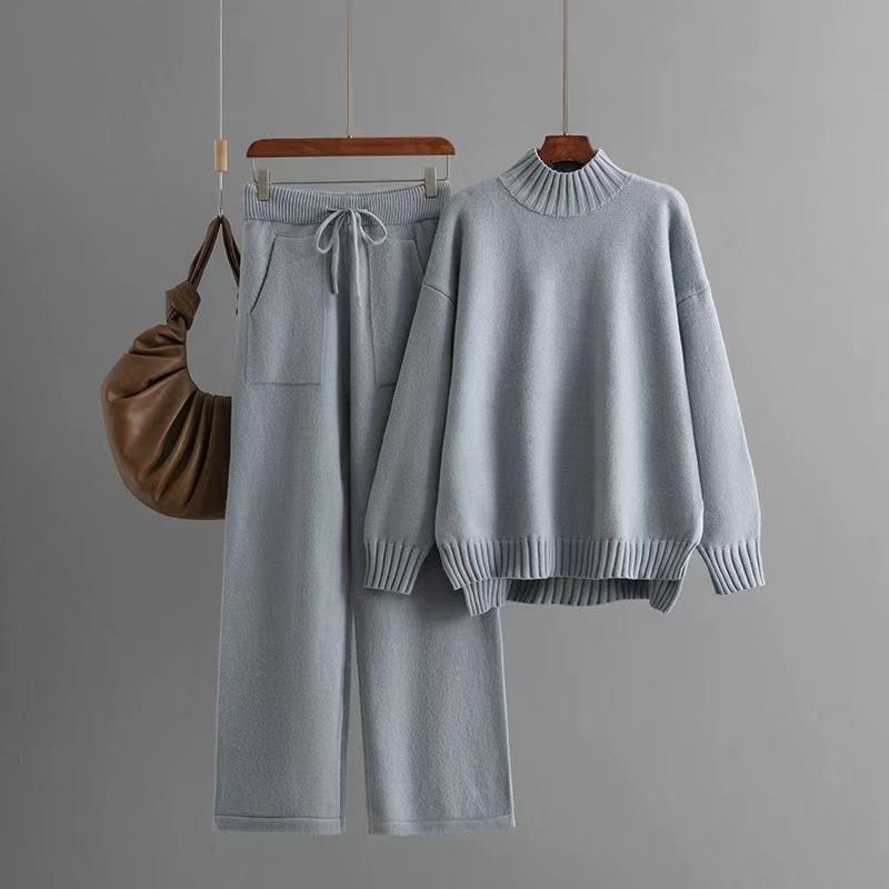 Fashion Winter Knitting Mock Neck Sweater Pants Suit Knited Sweater and Pants Set