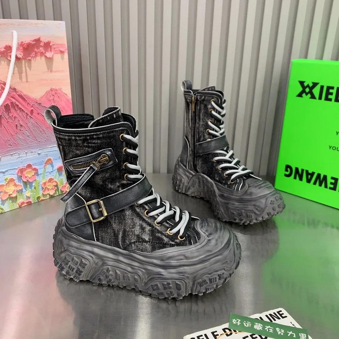 

Платформа Высокий каблук Женская обувь Ковбойские мотоциклетные ботильоны Зимние ботинки для снега Челси 2025 Трендовый дизайнер джинсовые ботинки женские 39 серый