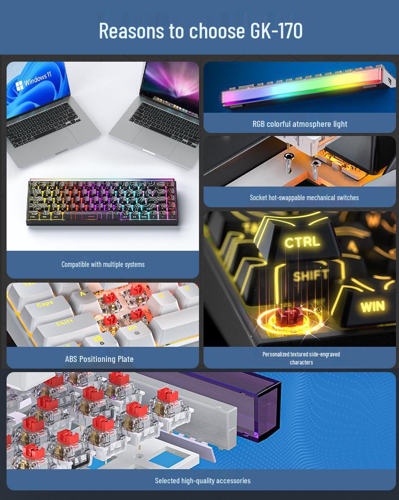 IMICE GK-170 Mechanische Tastatur: 68 Tasten, 60% Layout, Kabelgebunden, Hot-Swap-fähig mit roten Schaltern und farbiger Hintergrundbeleuchtung.