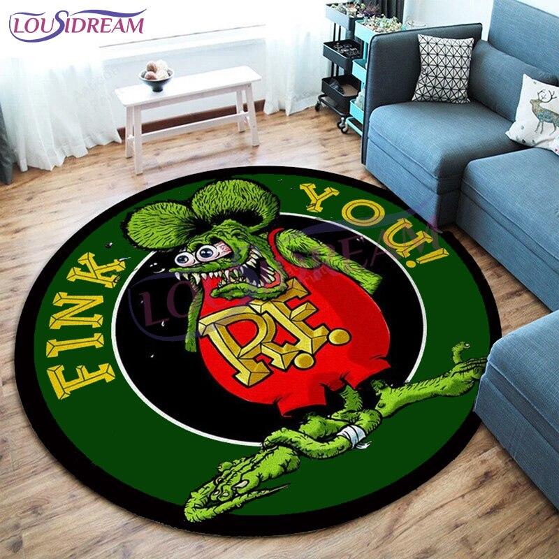 Tappeto Rotondo Garage Hot Rod Rat Fink Retrò, Tappetino Decorativo Artistico Personalizzato, Tappeto da Area Lavabile Antiscivolo per Camera da Letto e Ufficio